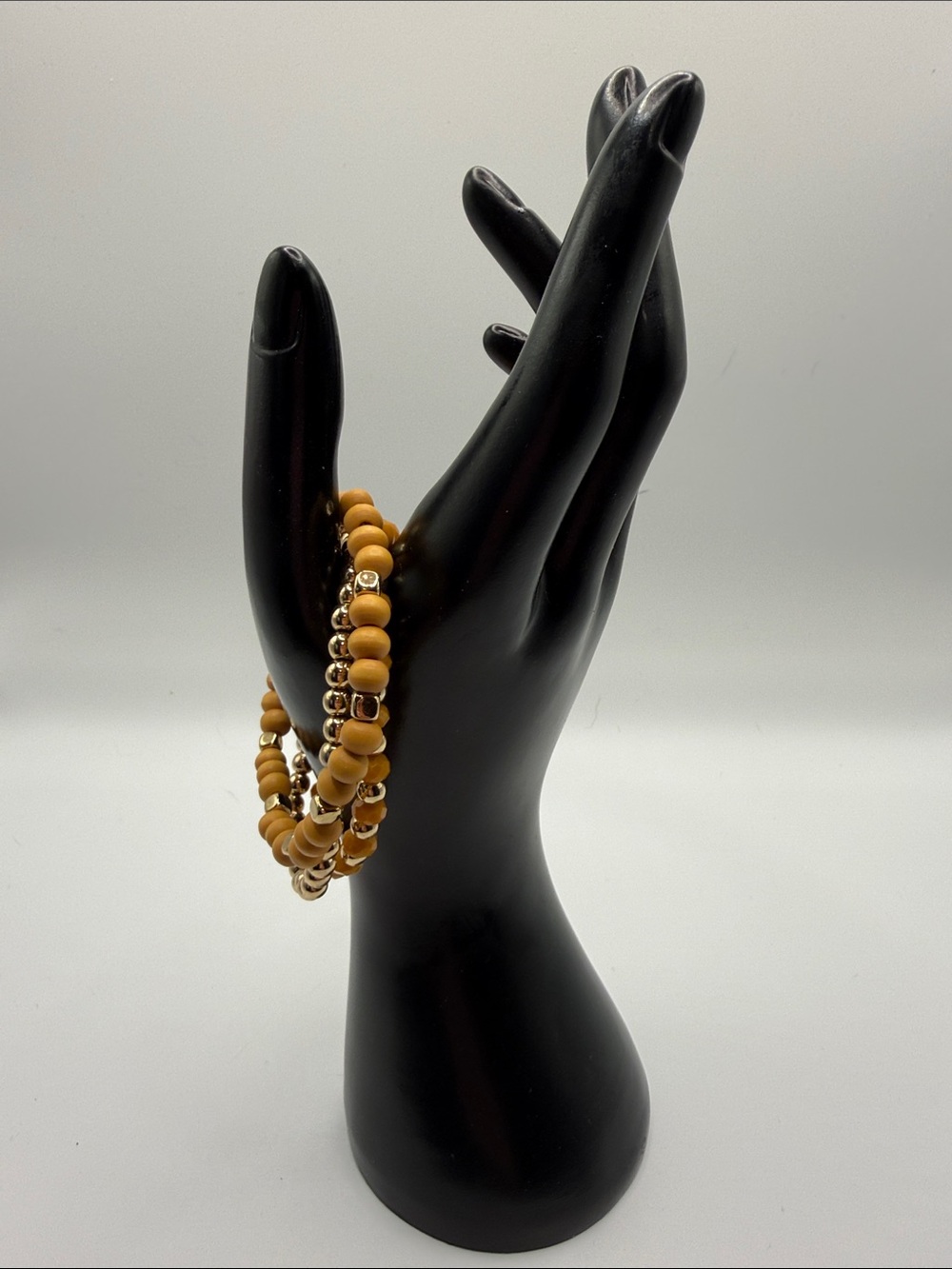 Yellow/wood Beaded Stretch Bracelet Set with Gold Accents - Women Jewelry